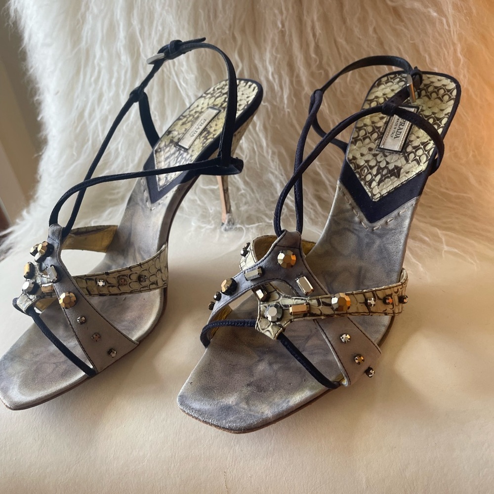 Vintage Prada Women's Strappy Heels - Black and Gold - Picture 3 of 16